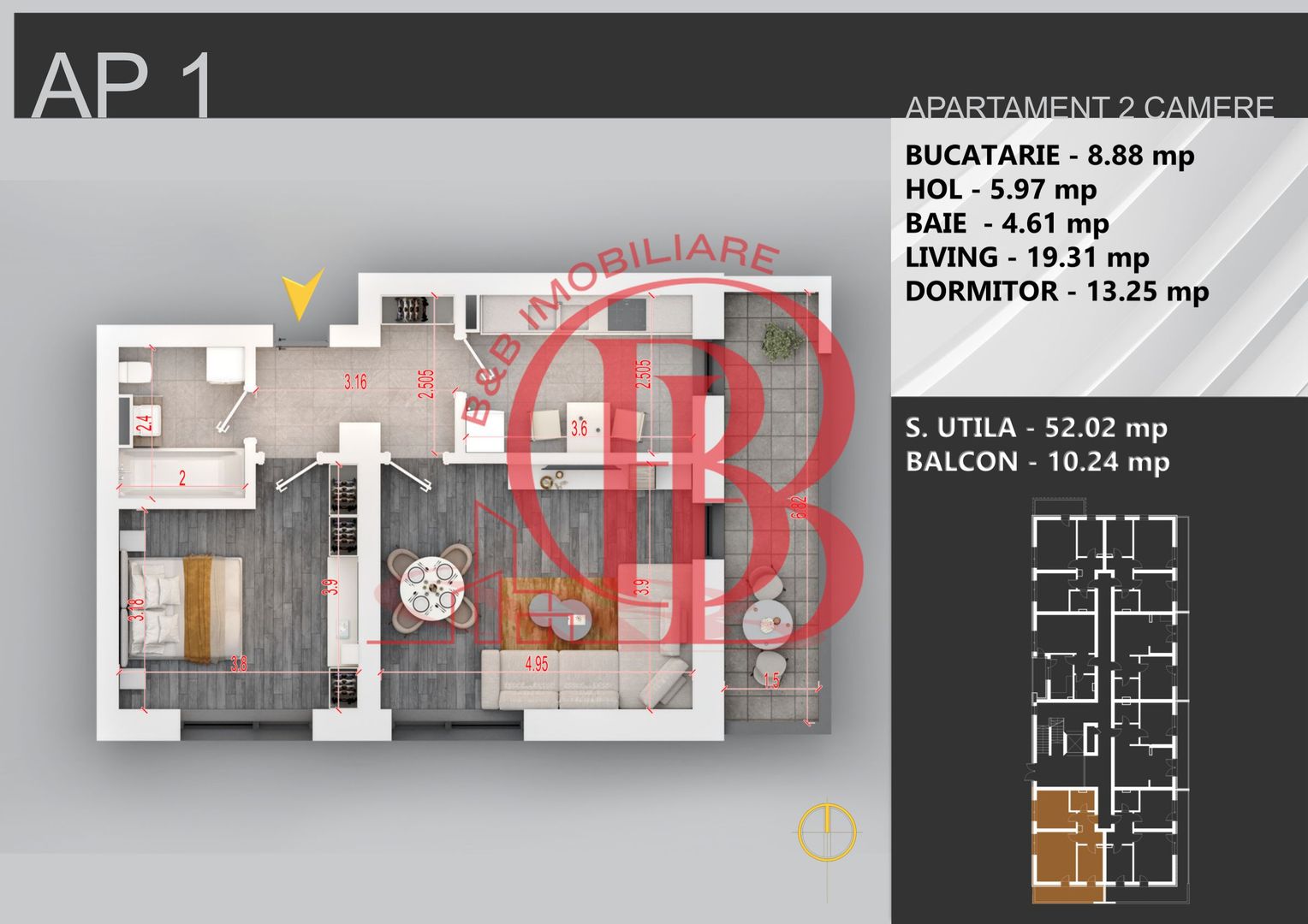 Apartament 2 camere bloc boutique parcul Teilor - Schiță 2