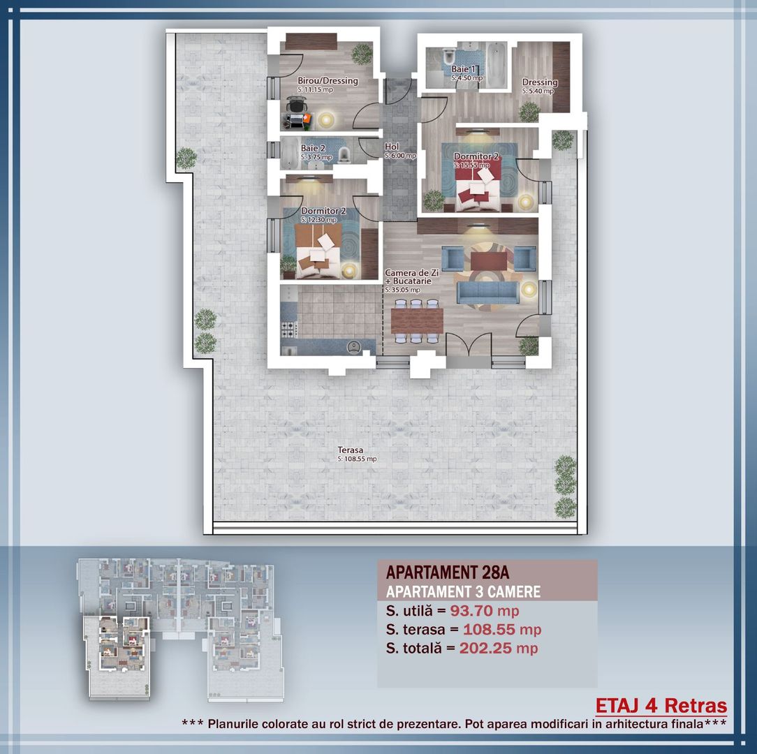 4 CAMERE SPATIOS 93.70 MP SI  TERASA DE 108,55 MP / PALLADY! - Poză 2