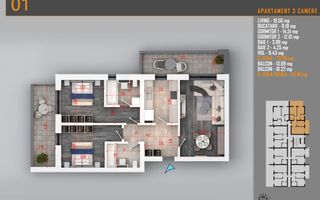 3 Camere | 95.44 mp Total | 2 Balcoane | Metrou Nicolae Teclu - Schiță 9