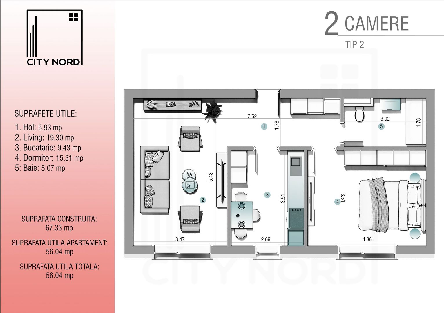 Apartament 2 camere - 56.04 mp - CITY NORD 1 Decembrie - Schiță 1